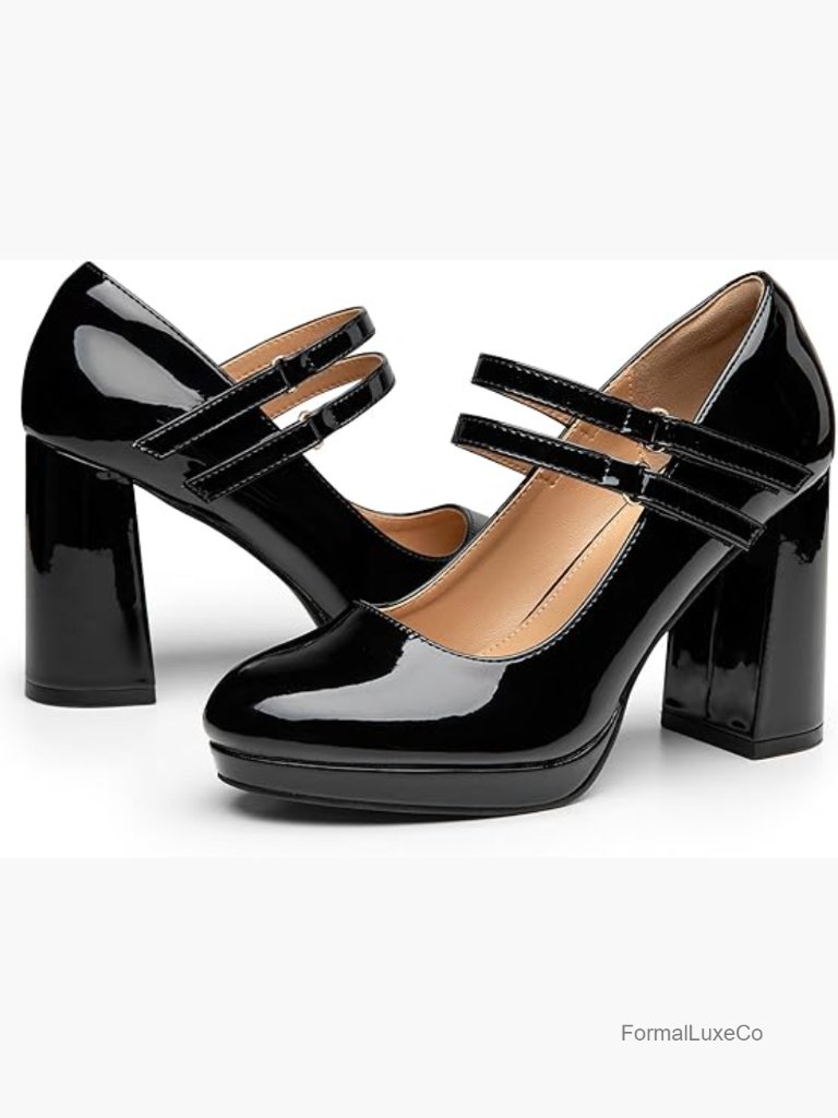 Double Strap Mary Jane Pumps Chunky Block Heel Platform Round Toe Dress Shoes